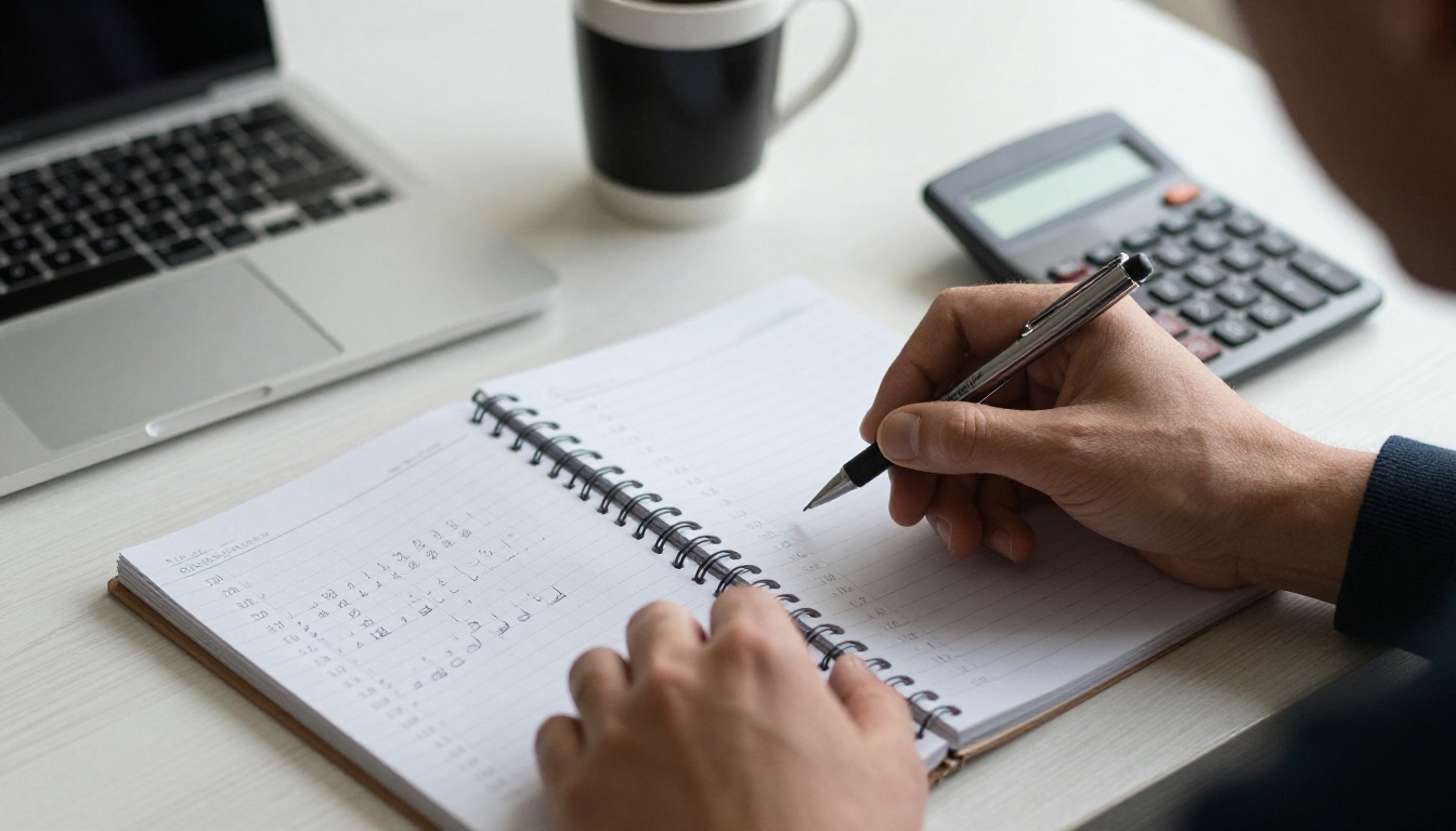 Hands writing price calculations in a notebook beside a calculator and coffee