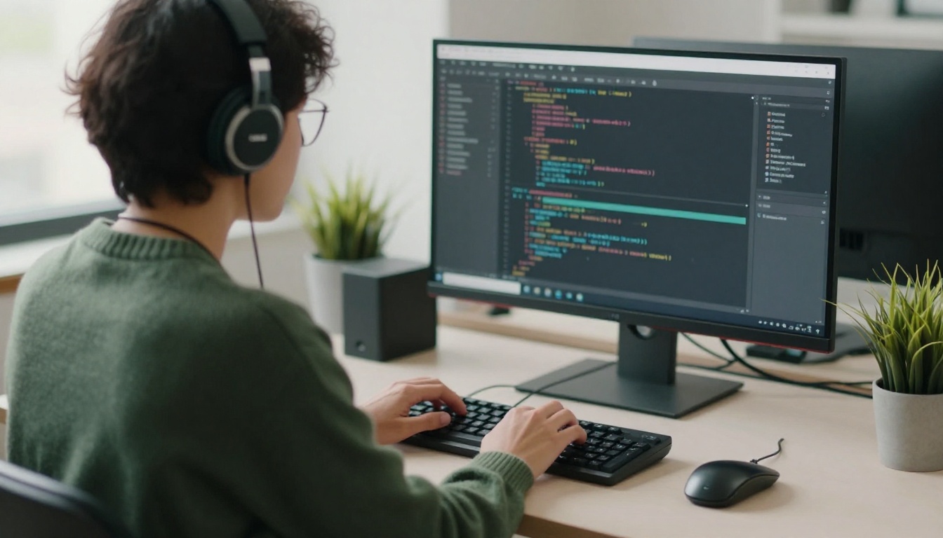 Developer typing at a standing desk with code on a matte monitor