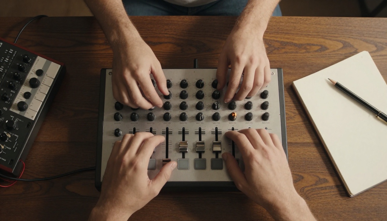 Overhead view of hands on a hardware controller beside an analog synthesizer