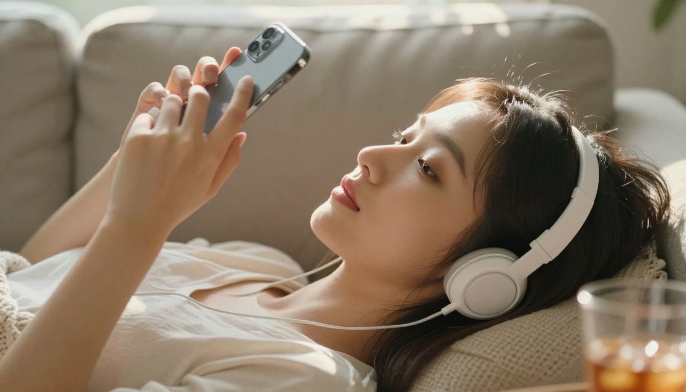 Woman relaxing on a sofa with earbuds, listening to music on a smartphone