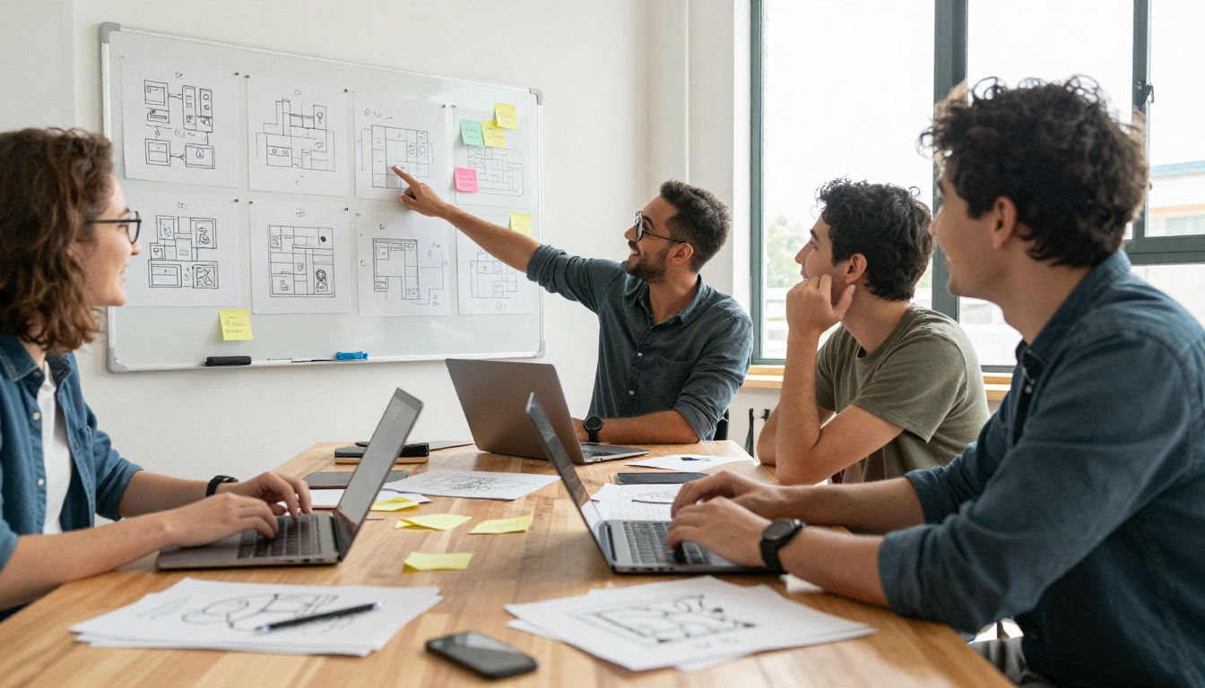 Three game developers working around a table in a bright loft studio