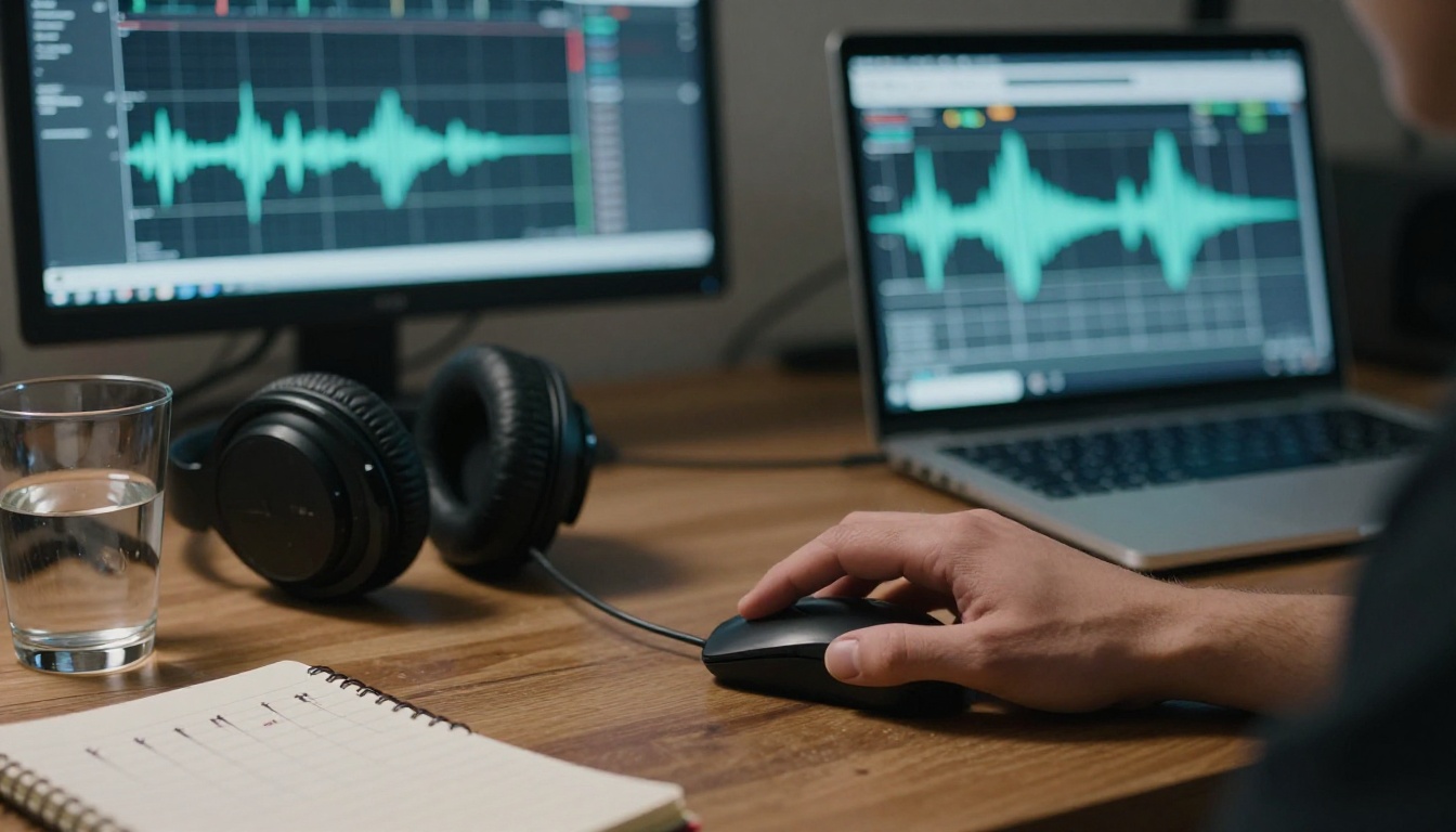 Audio engineer comparing two waveforms on a laptop next to headphones