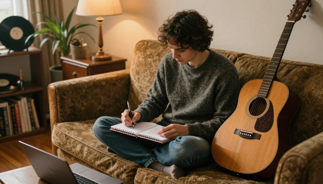 Songwriter on a vintage couch with a laptop, guitar and a lyrics notebook