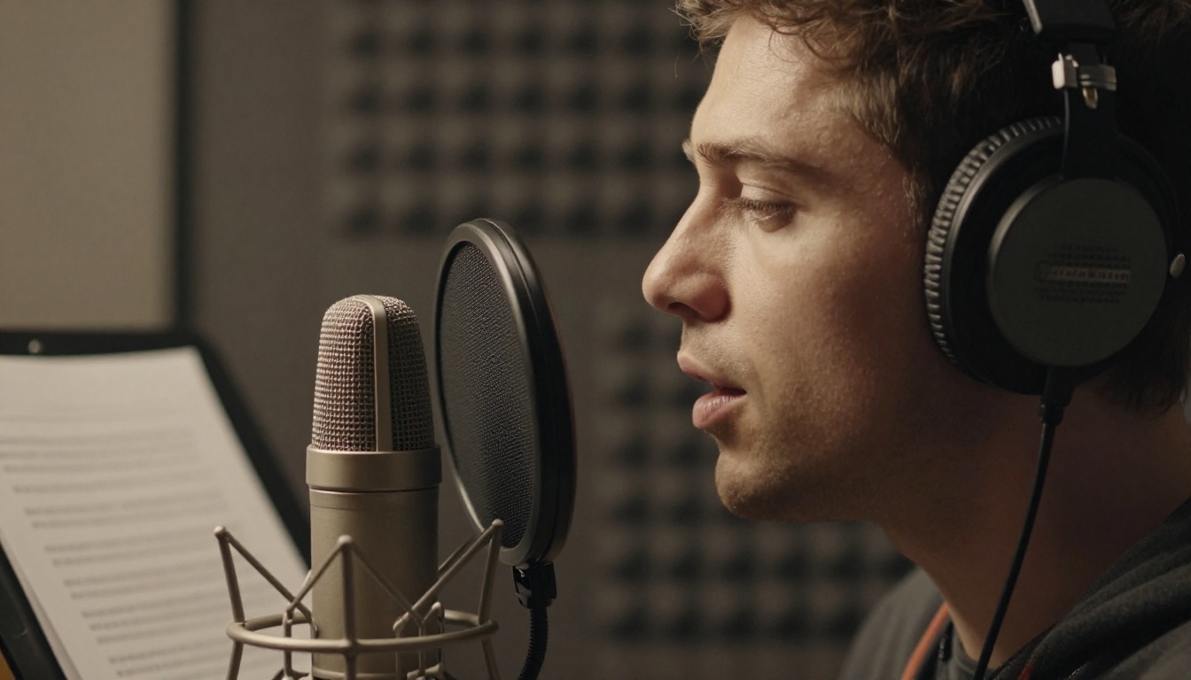 Voice actor speaking into a condenser microphone inside a vocal booth