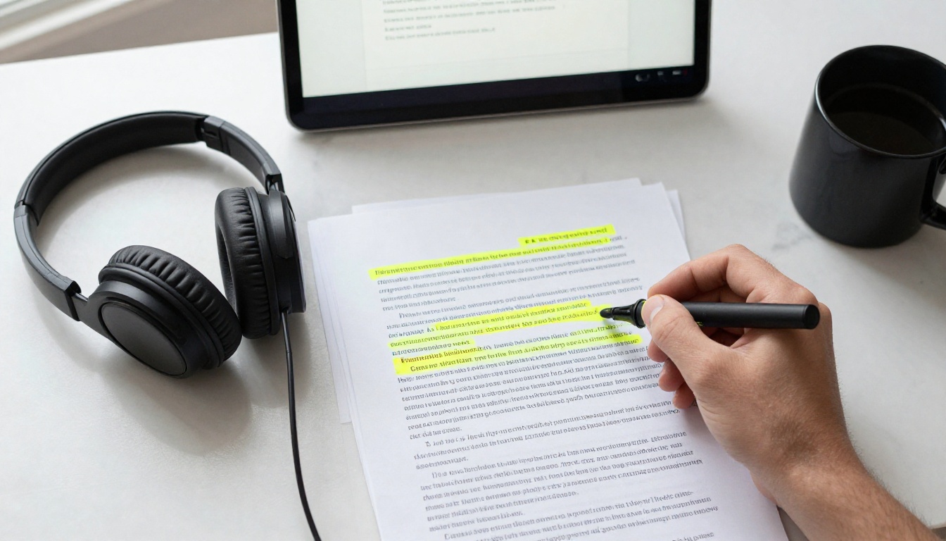 Printed transcript pages with highlighter marks beside headphones and a laptop