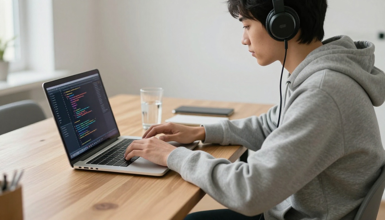 Freelance developer typing on a laptop with headphones around his neck in a bright loft