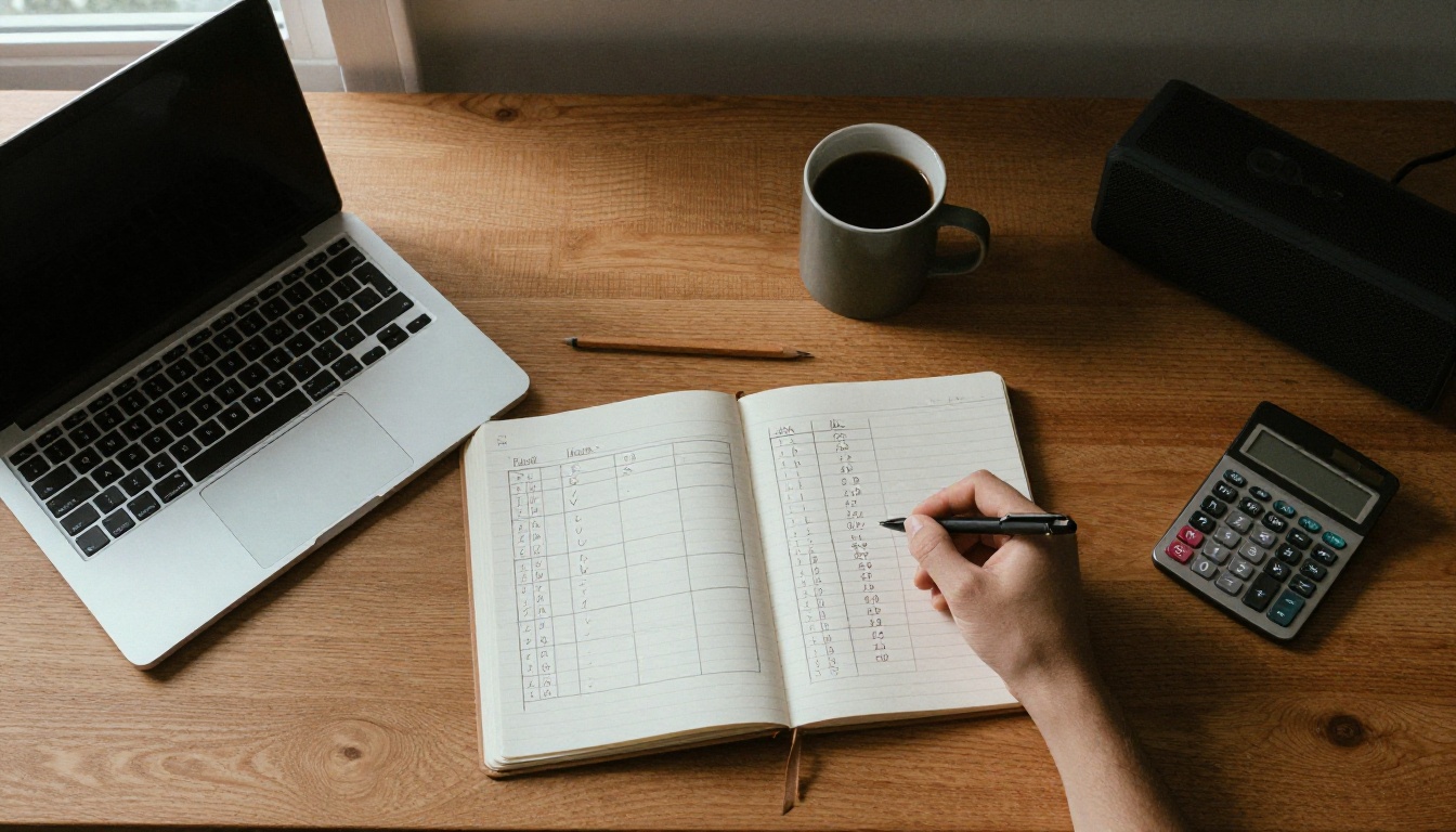 Top-down view of a desk with a laptop and a notebook holding a hand-drawn comparison table