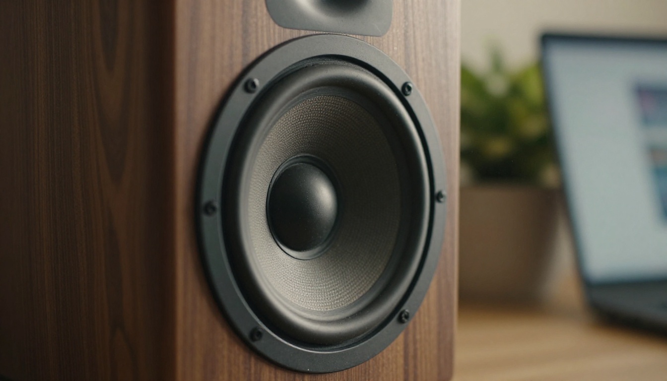 Low-angle view of a studio monitor speaker on a walnut shelf in warm afternoon light