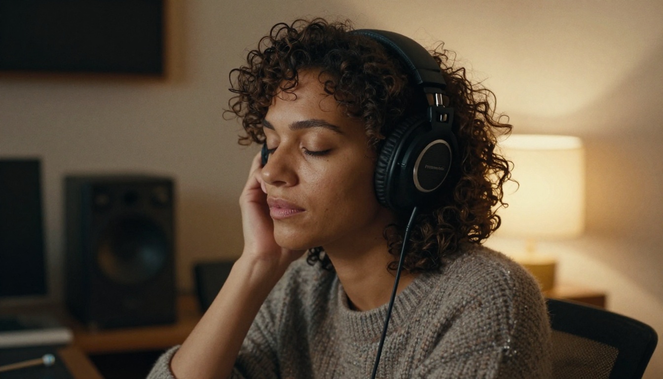 Woman music producer with eyes closed listening through studio headphones in a home studio
