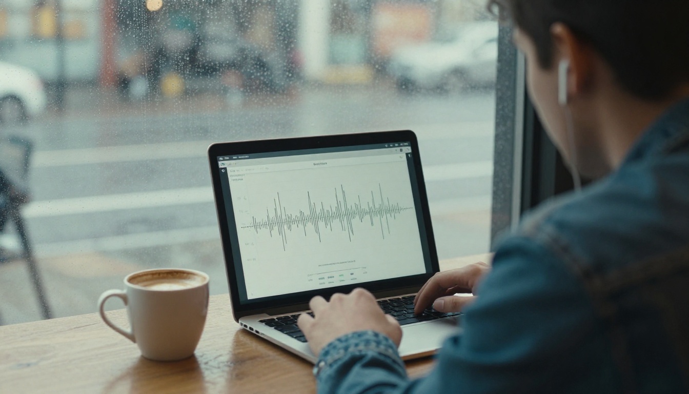 Young man in a denim jacket listening to a generated track in a rainy cafe
