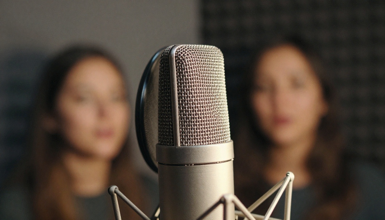 Condenser microphone with a pop filter inside a small vocal booth lined with acoustic foam