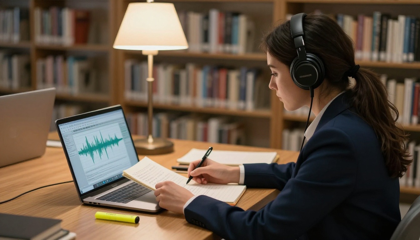 Woman in a navy blazer wearing headphones reviewing a transcript beside a laptop showing a waveform