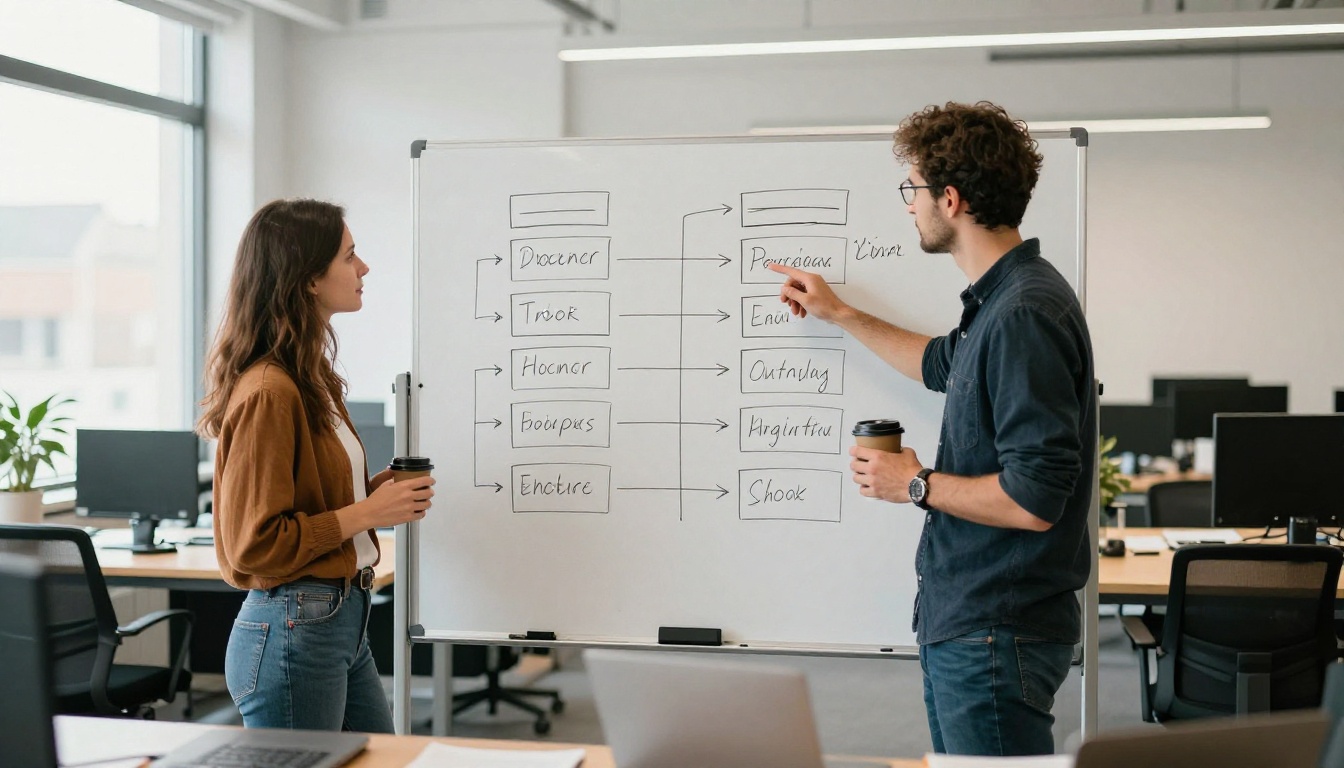 Two developers at a whiteboard sketching boxes and arrows in a bright office