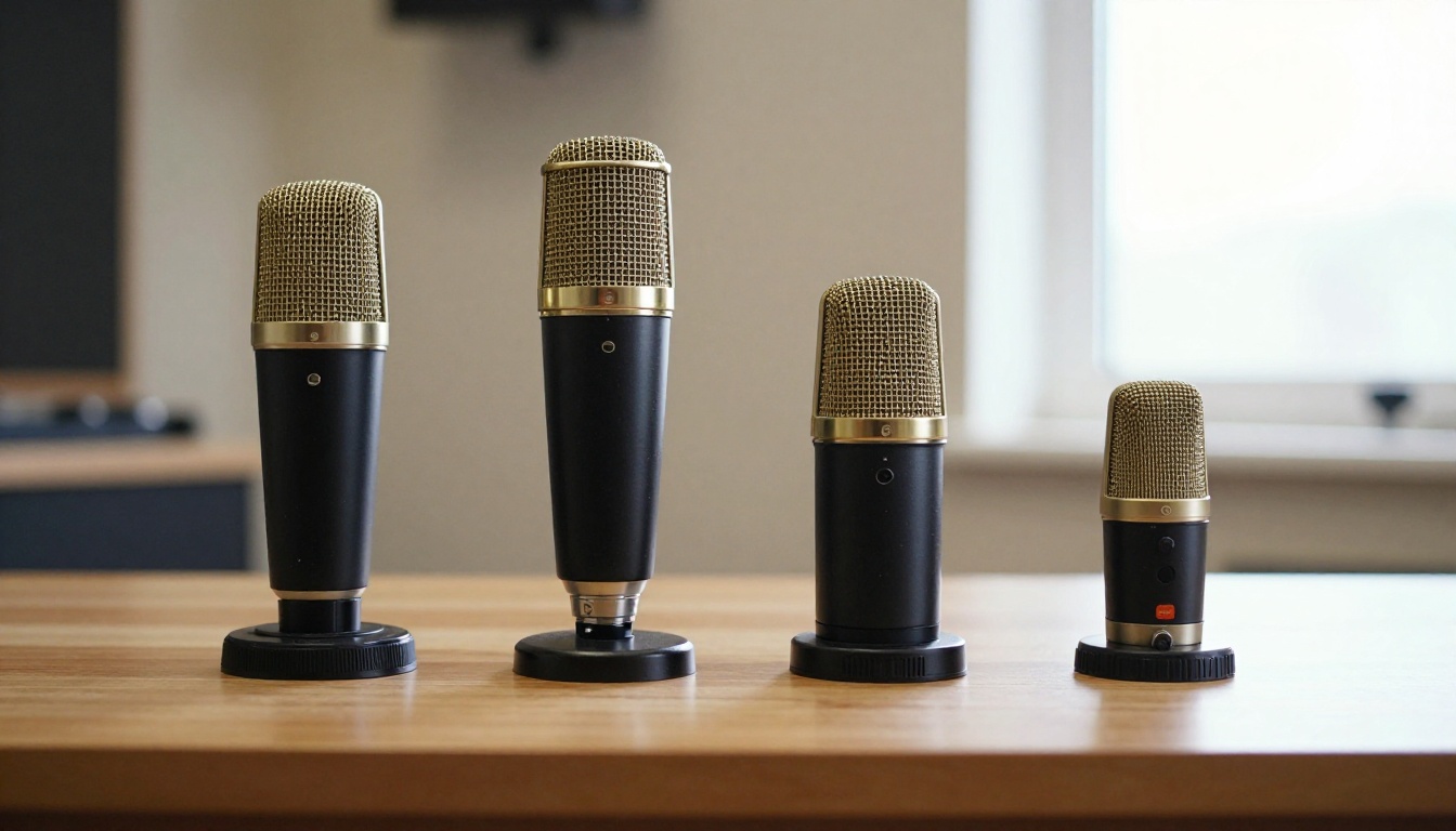 Four condenser microphones of increasing size lined up on a wooden table