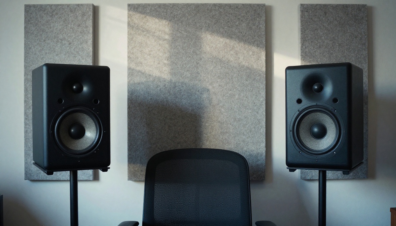 Two black studio monitors facing the camera in a treated room