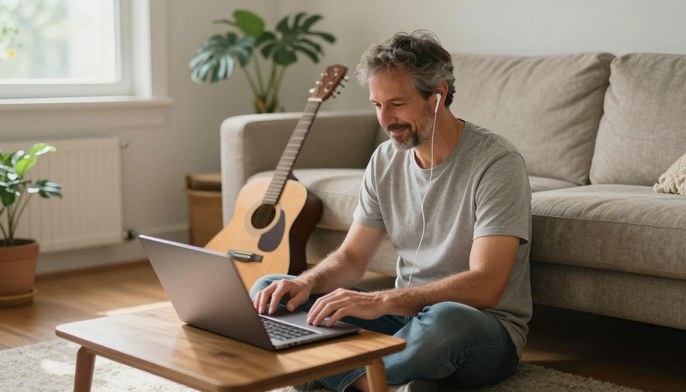 A man listening on earbuds with a laptop in a sunlit living room