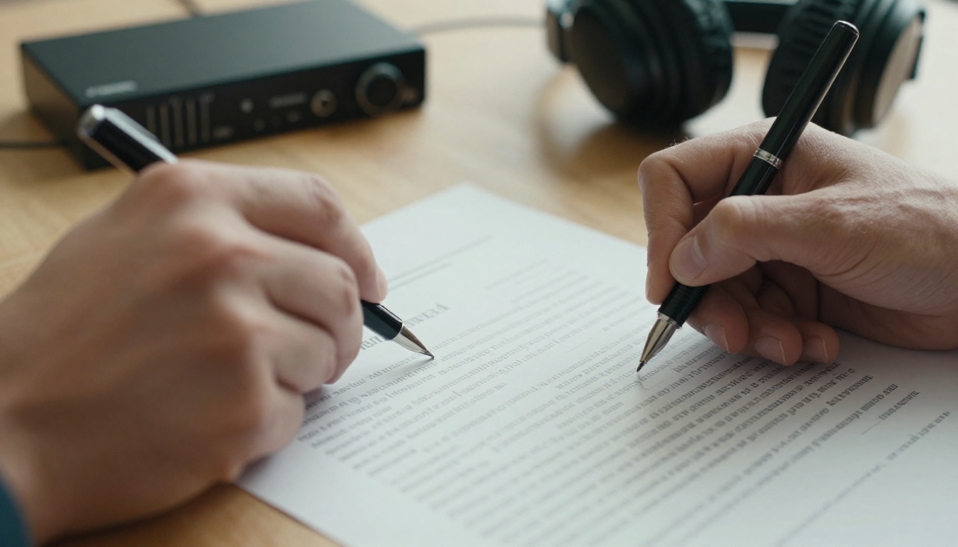 Two hands signing a printed agreement next to an audio interface