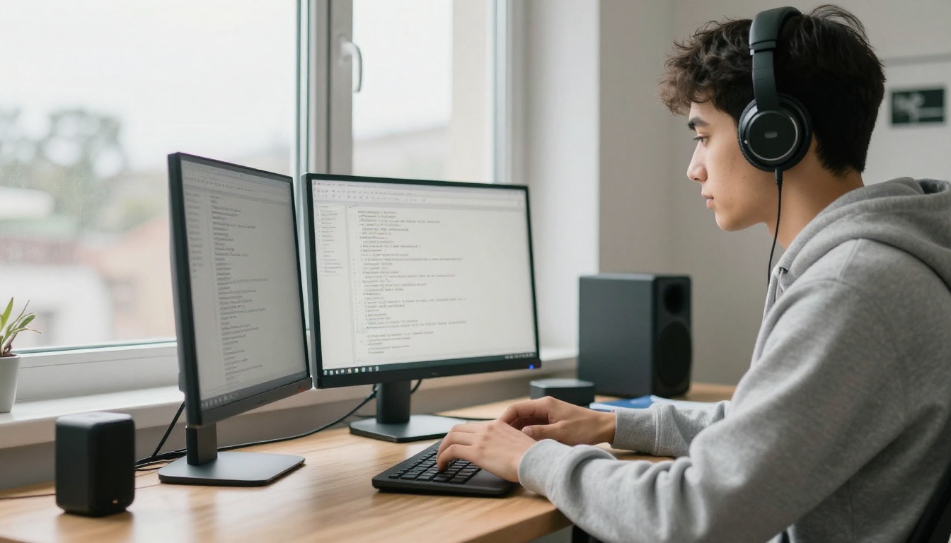 A developer typing at a standing desk with studio headphones around the neck