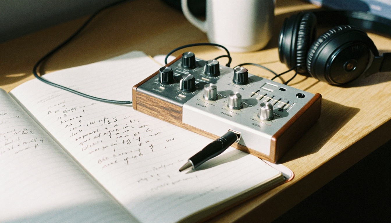 A hand writing in a notebook beside a small analog synthesizer
