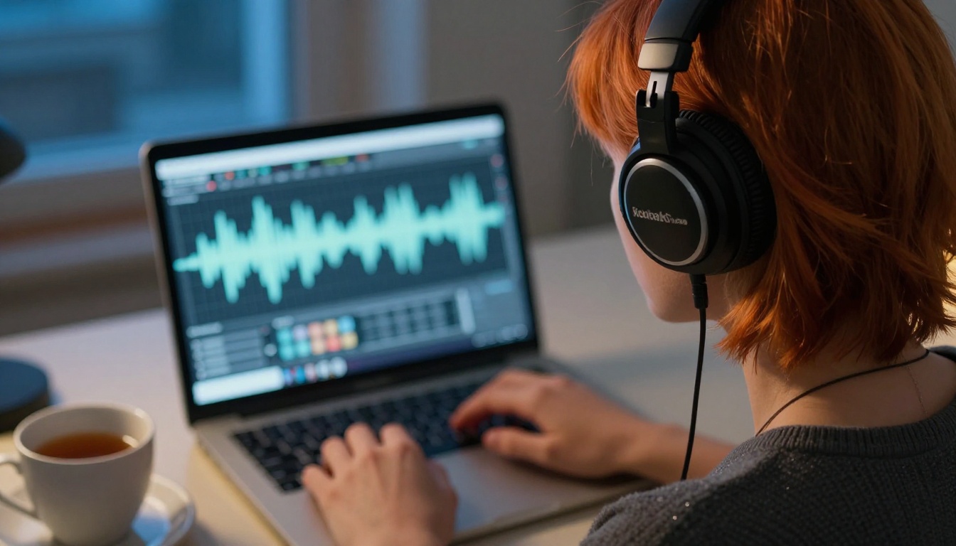 Over-the-shoulder view of a woman with headphones watching a waveform on a laptop