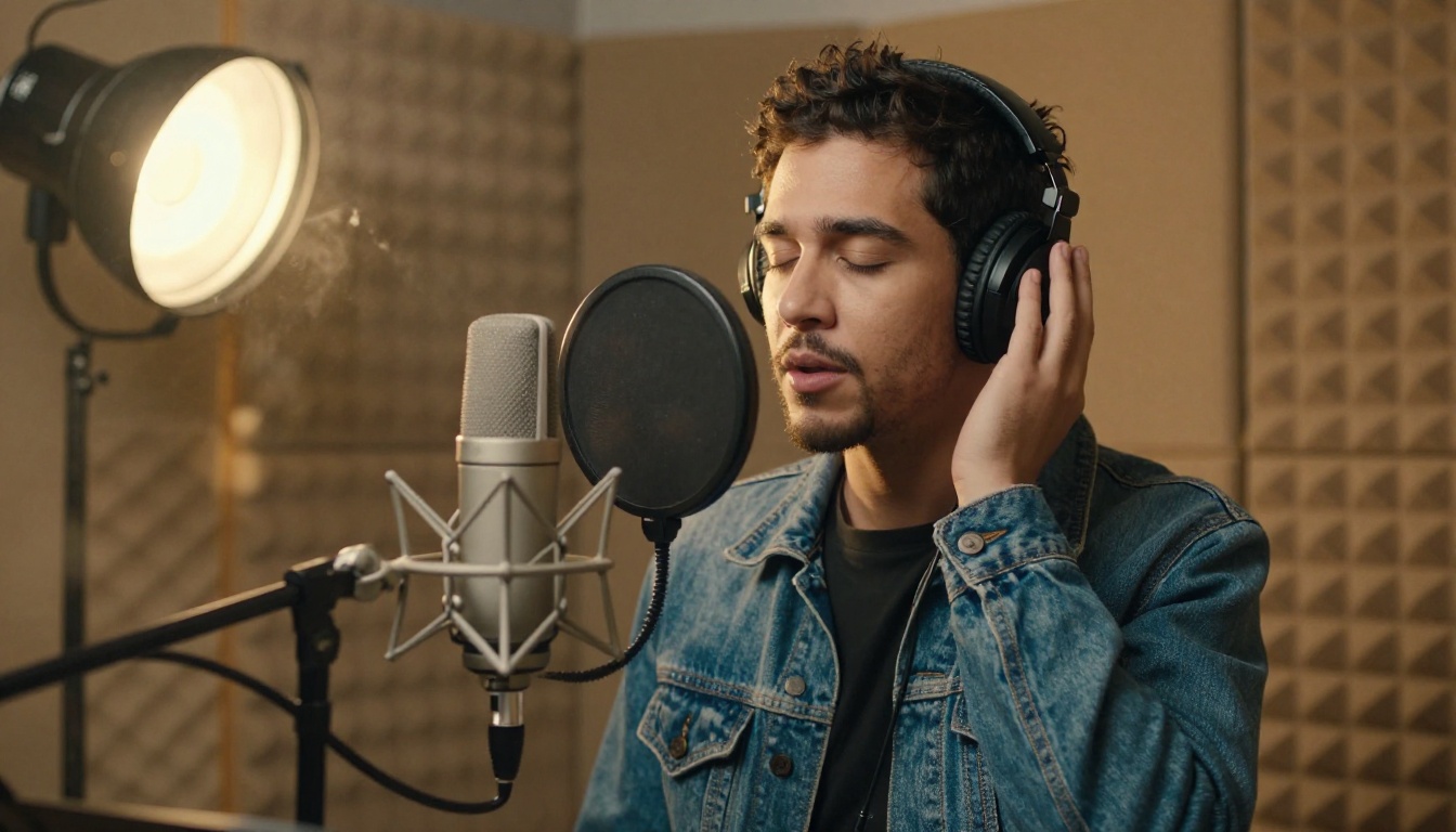 A singer in a denim jacket at a condenser microphone inside a vocal booth