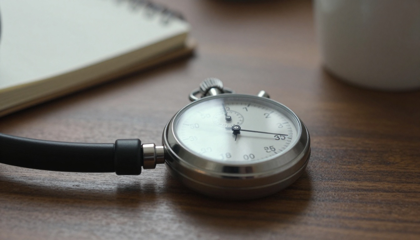 Brushed steel stopwatch next to studio headphones on a dark oak desk