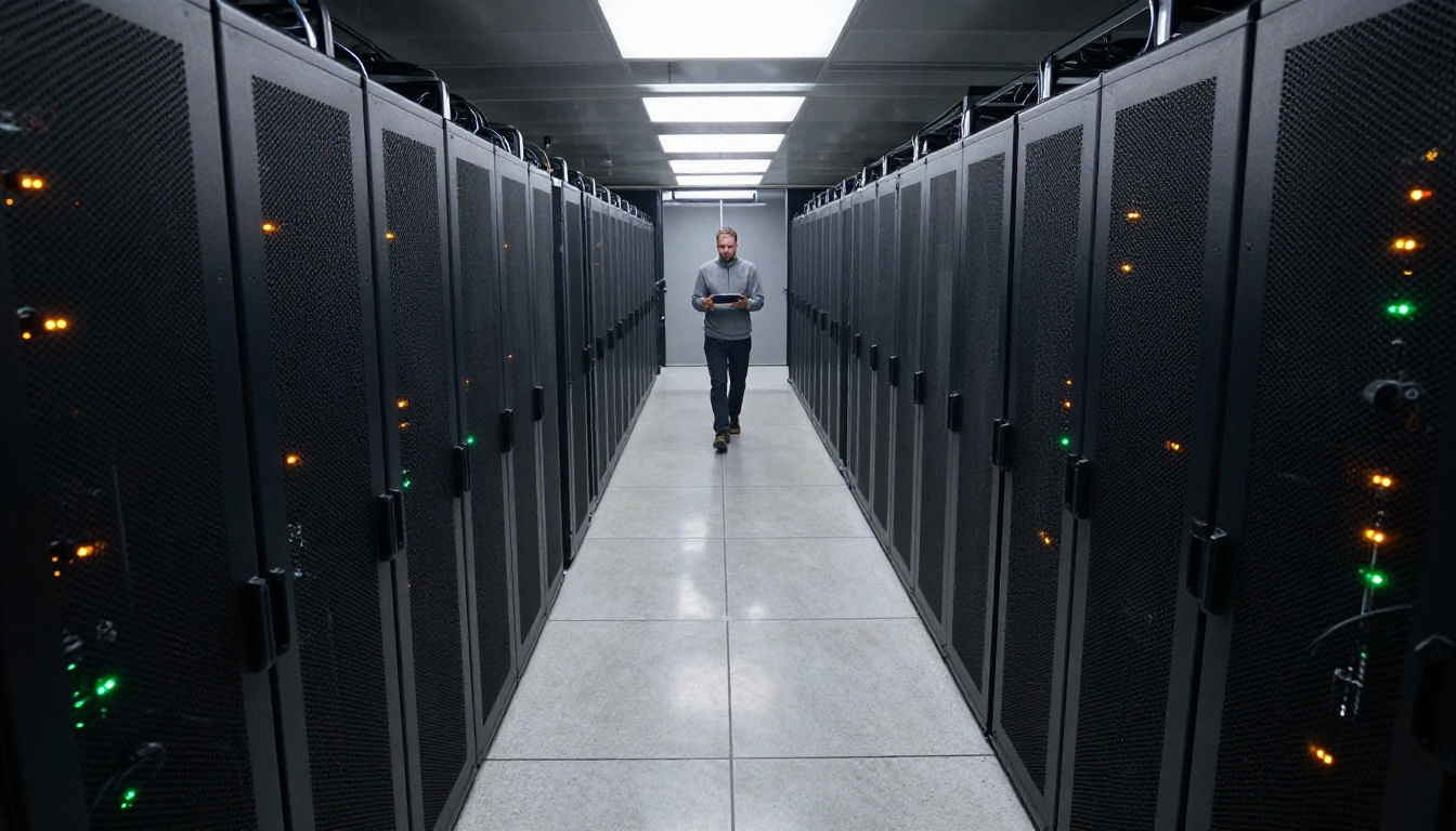 Long data center aisle lined with black server racks