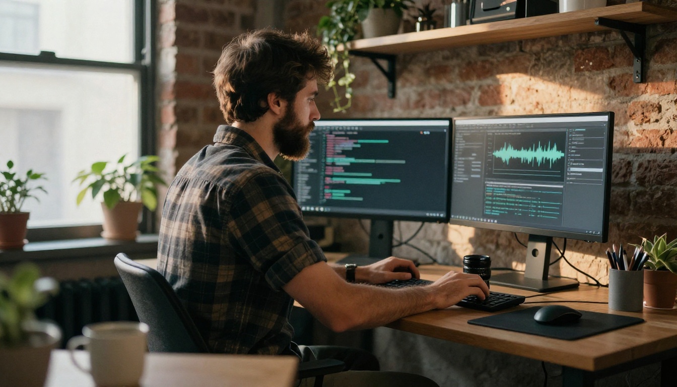 Developer at a standing desk working on code in a brick loft