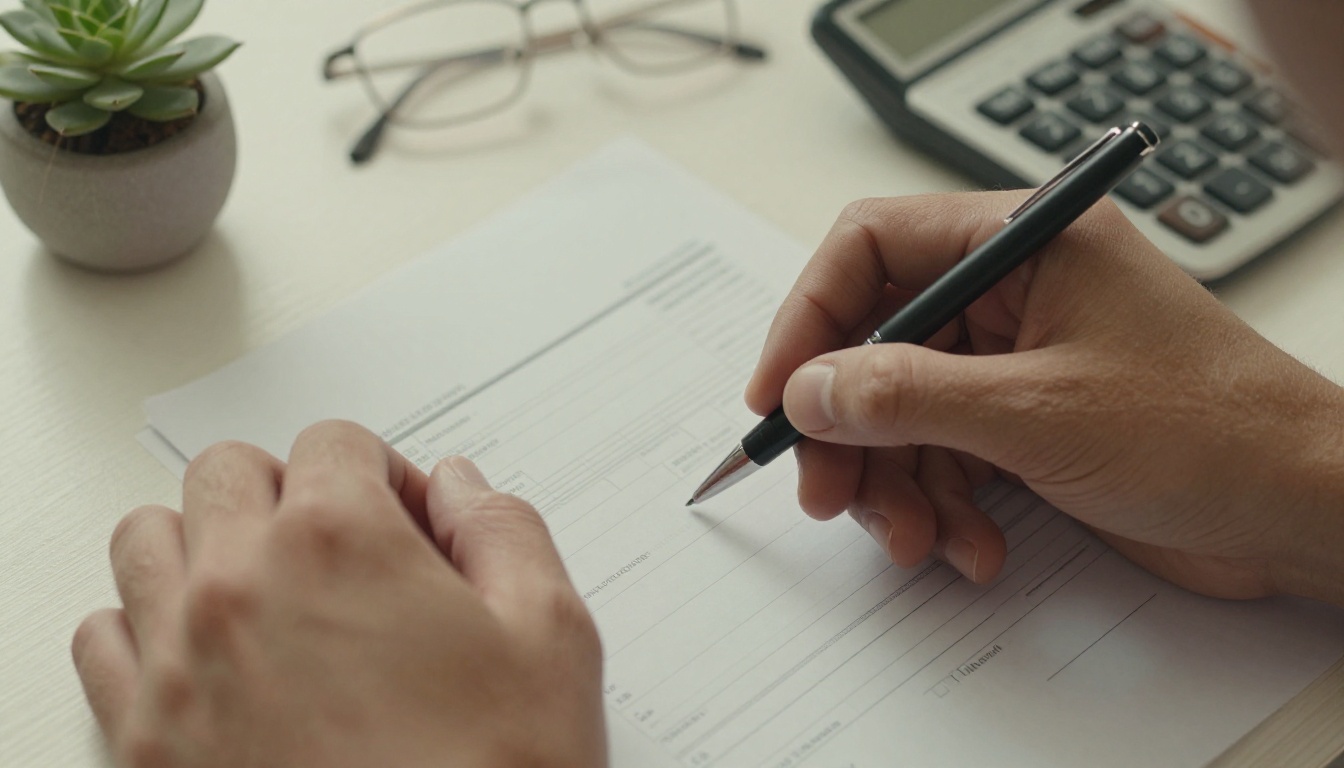 Accountant's hands reviewing a printed invoice beside a calculator