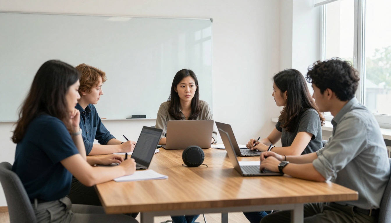 Four colleagues around a conference table with a speakerphone