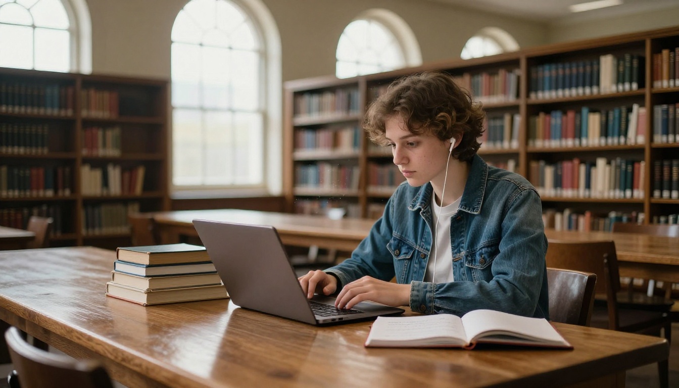 University student with earbuds studying at a library table