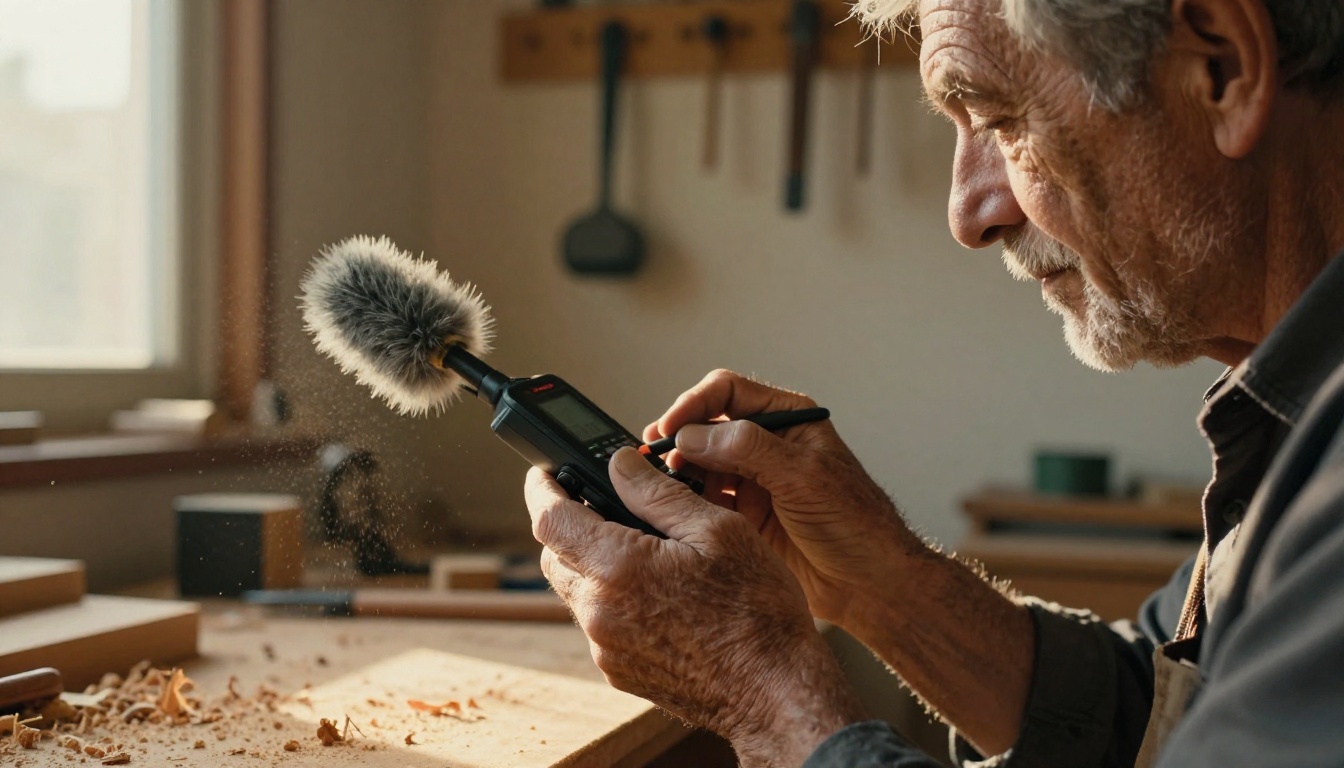 Radio journalist holding a handheld recorder toward a craftsman in a workshop