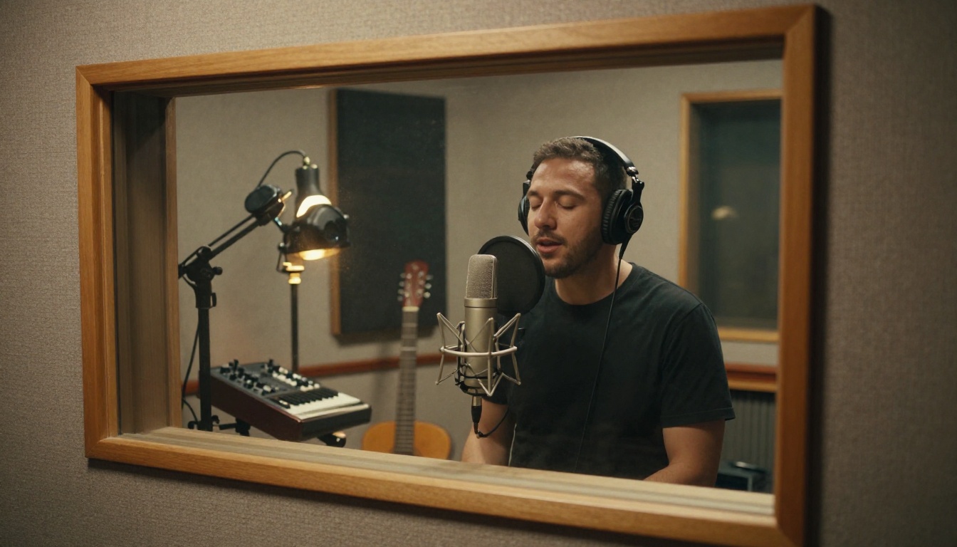 Voice actor recording in a padded booth with a guitar and synthesizer behind glass