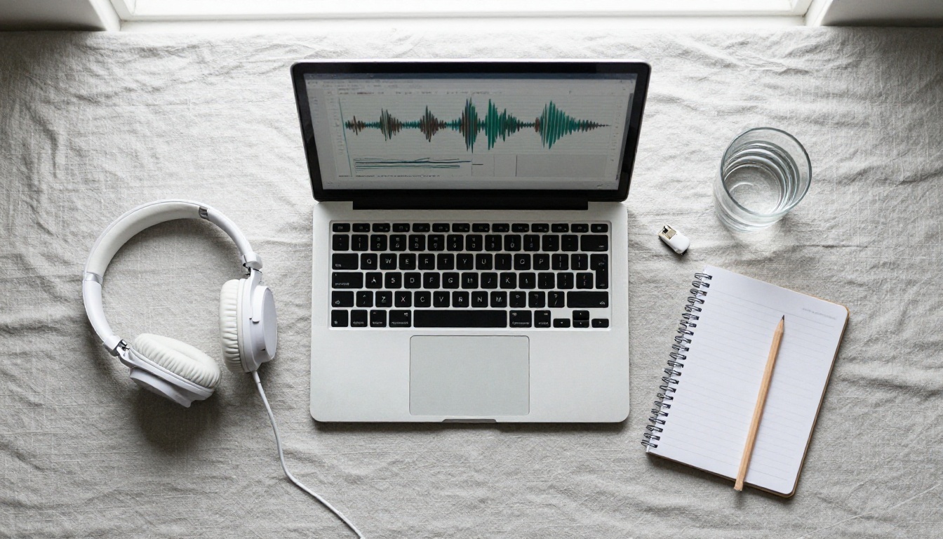 Overhead view of a clean home studio desk with laptop, headphones, and microphone