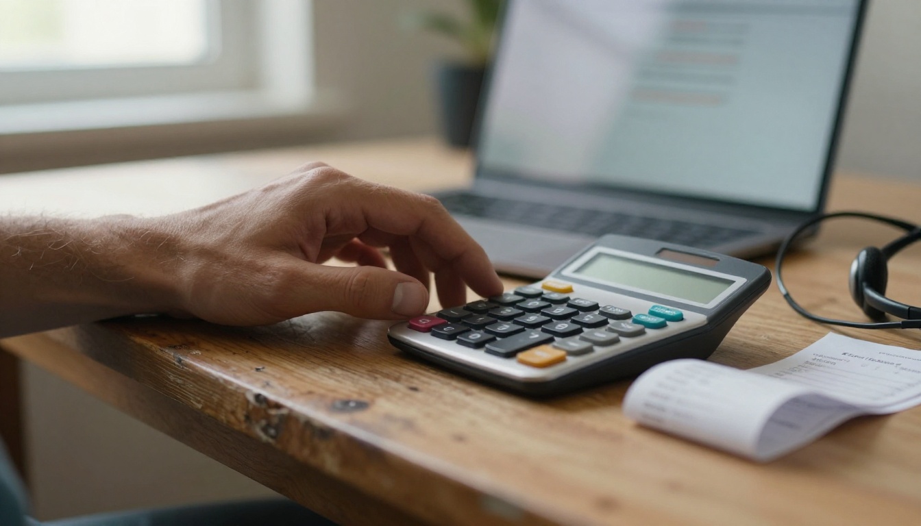 A developer's hands resting beside a calculator and a printed receipt on a wooden desk