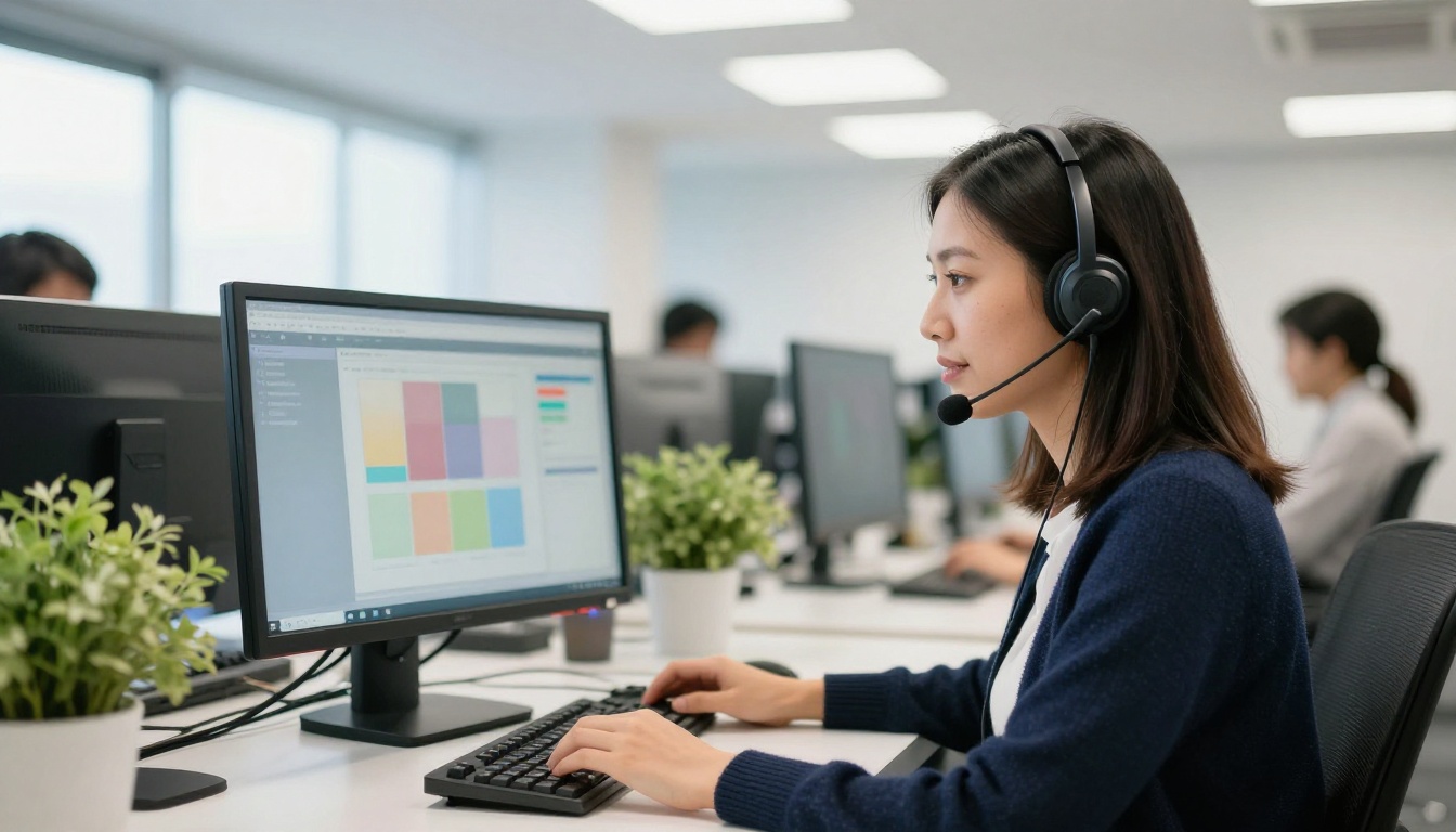 A customer support agent in a call center speaking to a caller through a headset