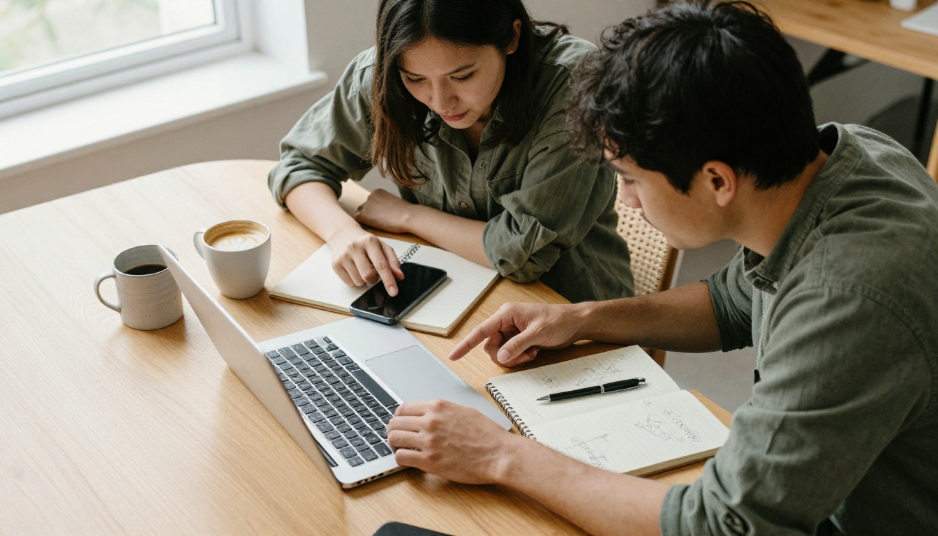 Two colleagues sharing a laptop and a phone at a bright workspace table