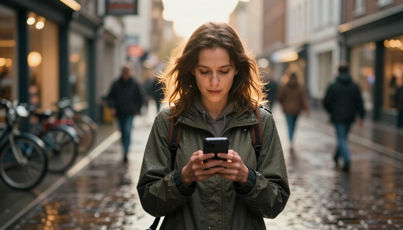 A woman in a rain jacket speaking into her smartphone while walking down a city street