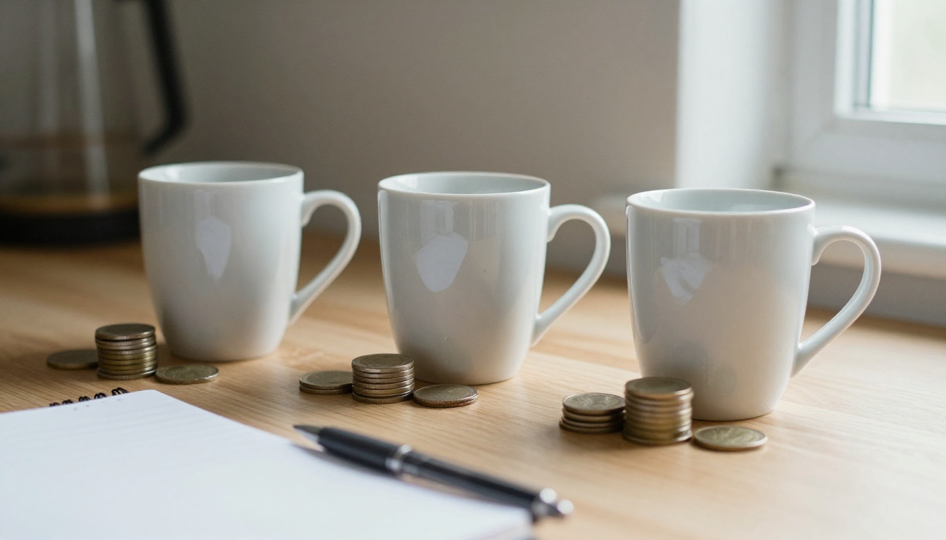 Three white ceramic cups beside stacks of coins of different heights on a kitchen counter