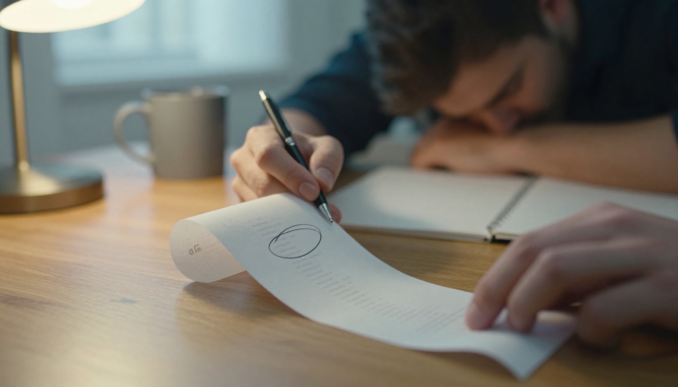 A hand holding a long paper receipt that curls over the edge of a wooden table