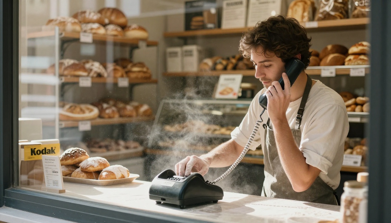 A bakery owner answering a landline phone while boxing pastries at the shop counter
