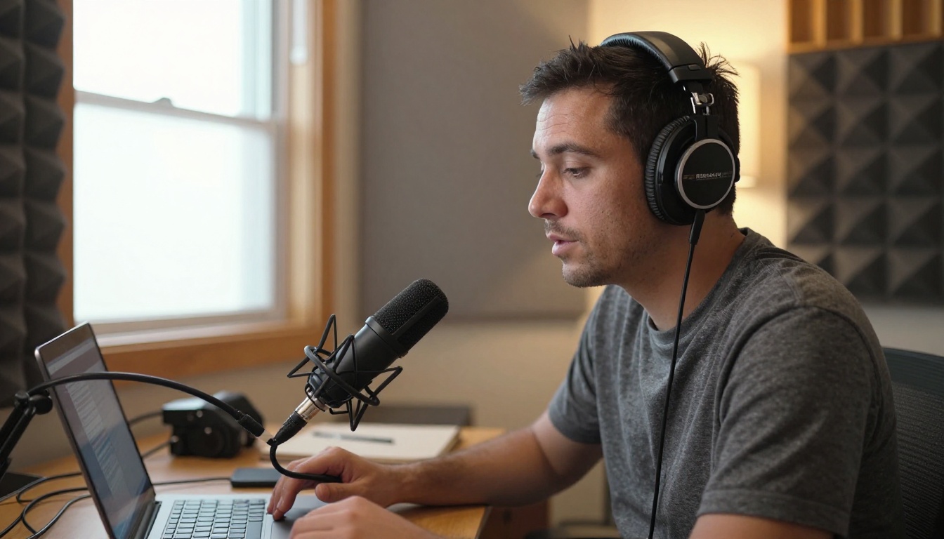 A podcaster in studio headphones seated at a desk with a condenser microphone