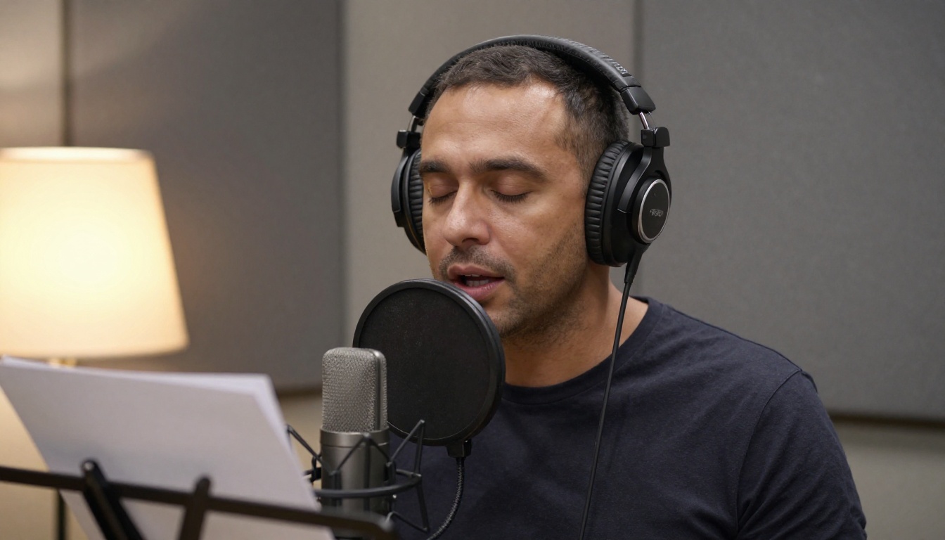 A voice actor speaking into a condenser microphone in a padded recording booth