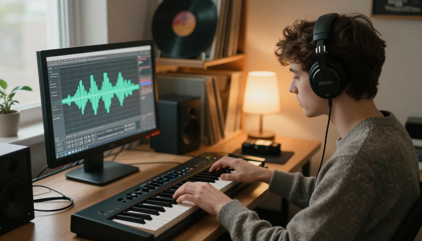 A young musician playing a compact music controller in a small home studio