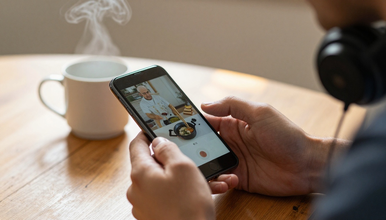 A man watching a dubbed cooking video on his phone with headphones around his neck