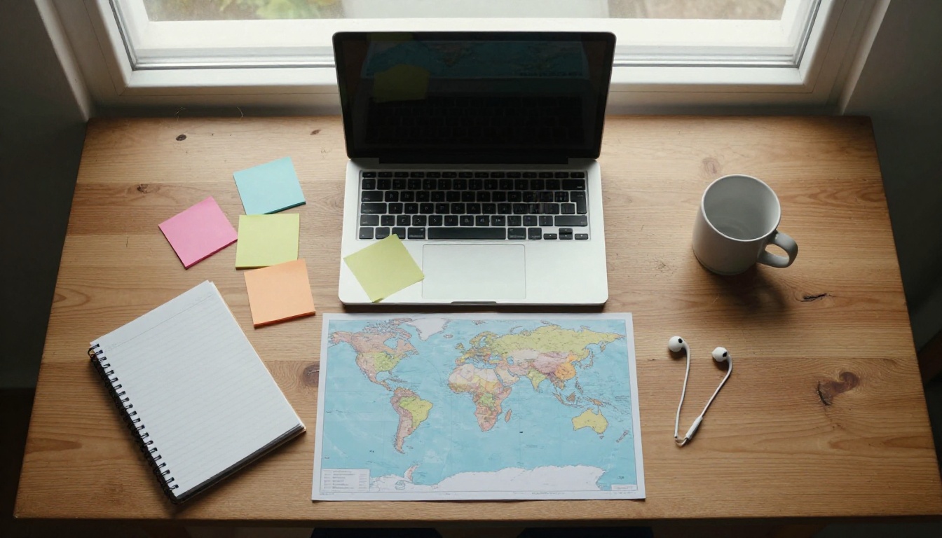 An overhead view of a desk with a laptop, a printed world map, sticky notes, earbuds, and a mug