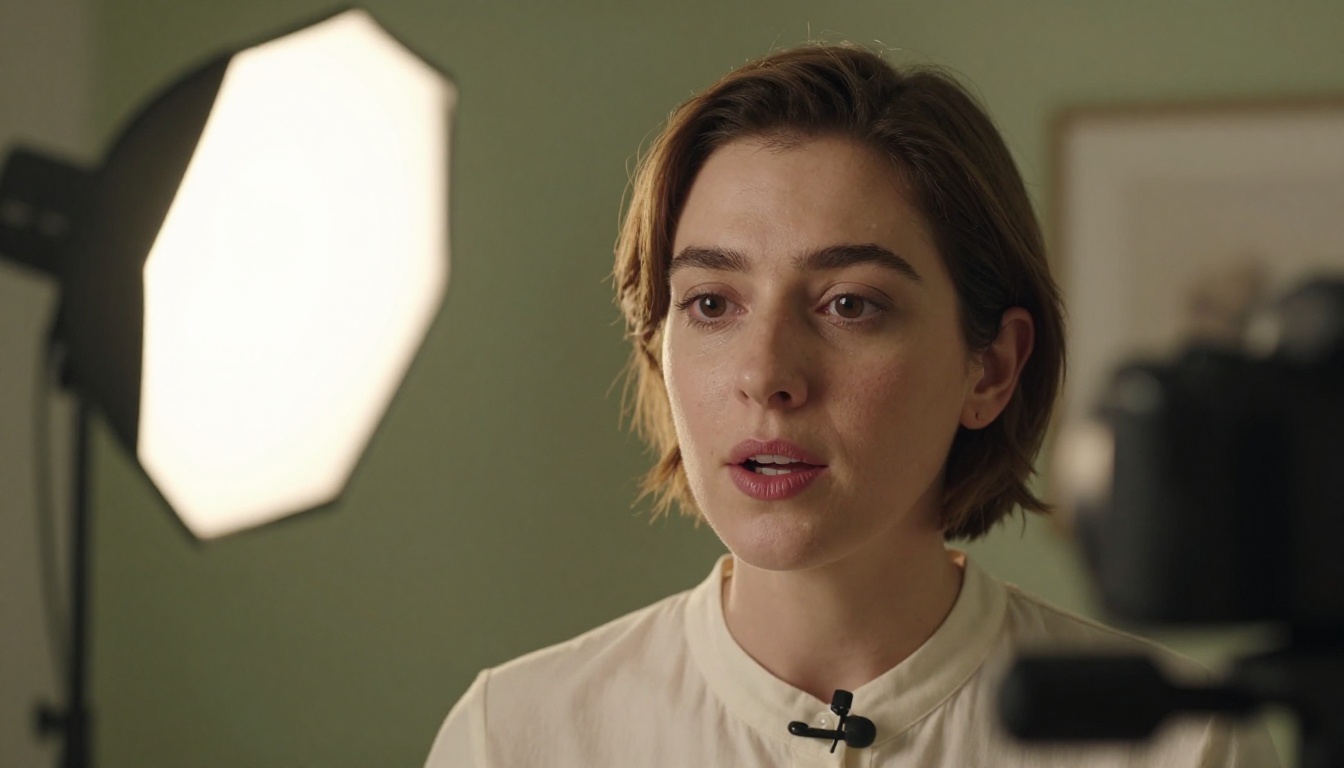 A presenter speaking to a camera on a tripod with a softbox light in a small home studio