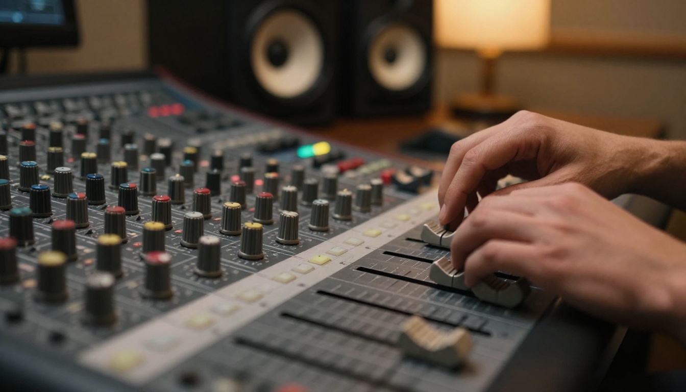 A sound engineer's hands on the faders of an analog mixing console