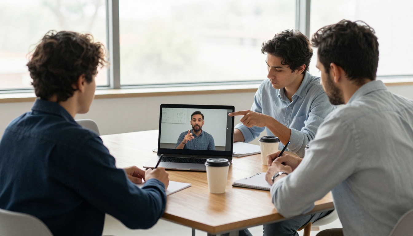 Three colleagues around an oak table reviewing a paused video on a laptop