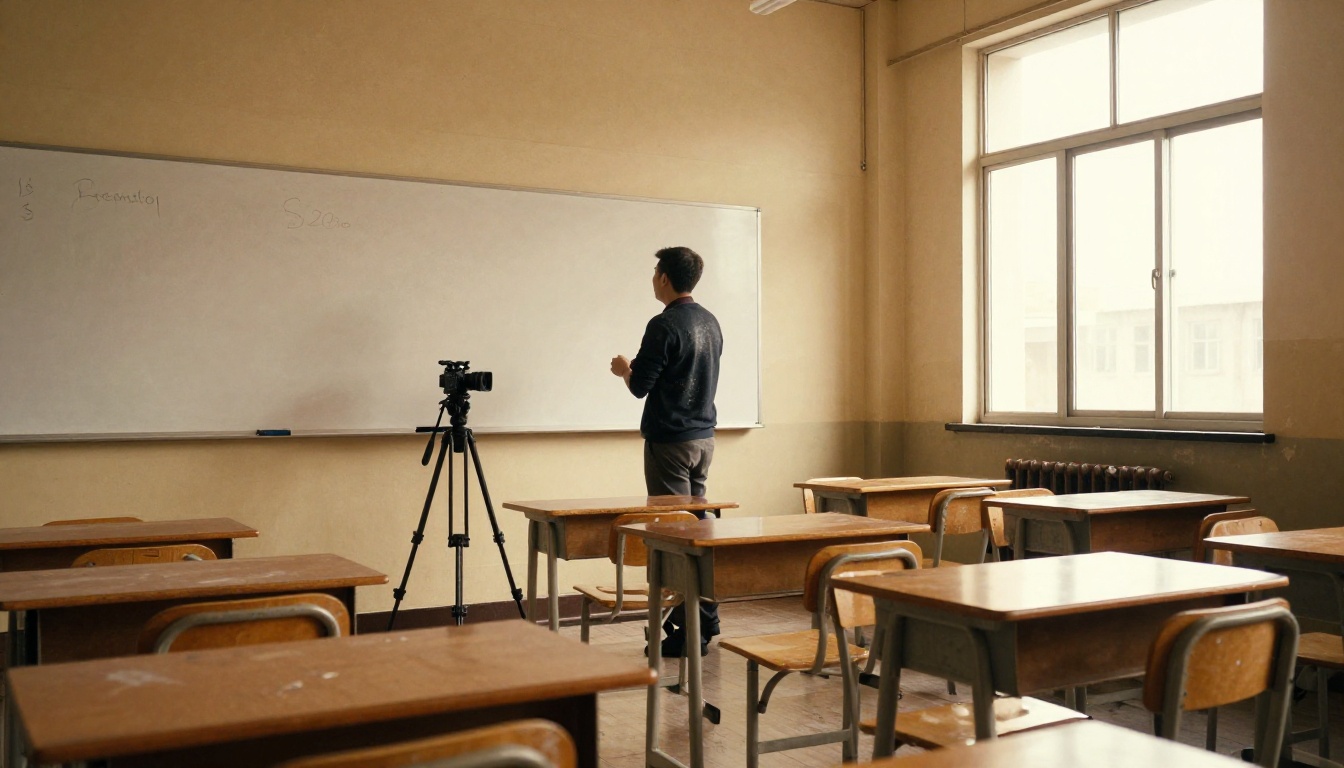 A teacher at a whiteboard in an empty classroom with a camera on a tripod recording the lecture